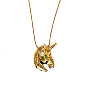 925 Gold Vermeil Chain GP Green Eye Horse Pendant